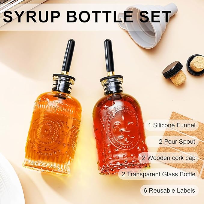 gegewawa Glass Coffee Syrup Dispenser Bottles Set 2 Pack 7 OZ, Simple Syrup Bottles with Metal Pour Spout, Syrup Dispenser for Coffee Bar Accessories for Maple Honey Syrup Oil and Sauces