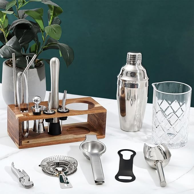 Mifoci 28 Pcs Bartender Kit, Mixologist Bartender Kit Garnish Tray with Lid Bar Caddy and 3 Tier Glass Rimmer, 17 Pcs Margarita Cocktail Shaker Set with Wooden Base for Home Bar Gift Set (Acacia)