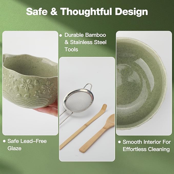 Matcha Whisk Set, 8-Piece Ceramic Japanese Matcha Bowl & Accessories Kit for Traditional Tea Ceremony, Home Use & Gifts(Green)