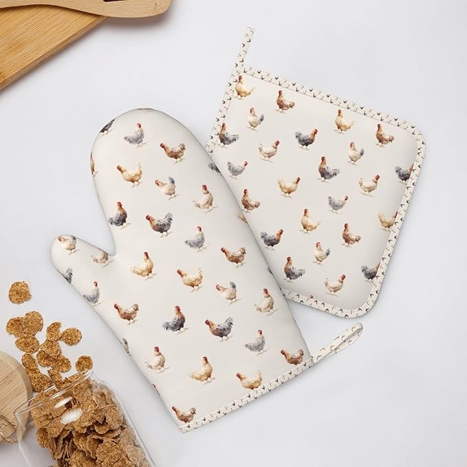 Oven Mitts and Pot Holders Set, Chicken Pattern Silicone Kitchen Accessories 4 Piece Heat Resistant Long Gloves Potholder Non-Slip Grip for Chef Cooking Baking Grilling BBQ