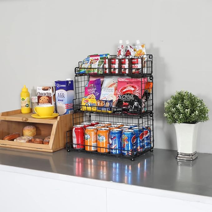 X-cosrack Stackable Wire Basket 3 Tier Countertop& Wall Mounted Metal Storage Basket for Kitchen Pantry Cabinet, Muti-functional Open Front Bin Organizer for Food Fruit Snack, Black