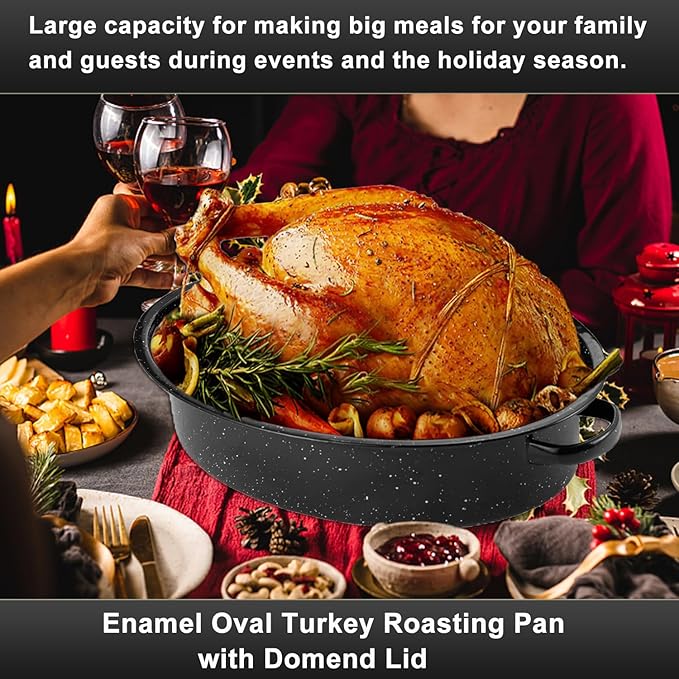 14.6 Inch Roaster Pan, Enamel Oval Turkey Roasting Pan with Domed Lid - Mother's Gift, Covered, Non-sticky, Free of Chemicals - Rôtissoire Chicken Meat Roasts Casseroles & Vegetables (14.6 Inch)
