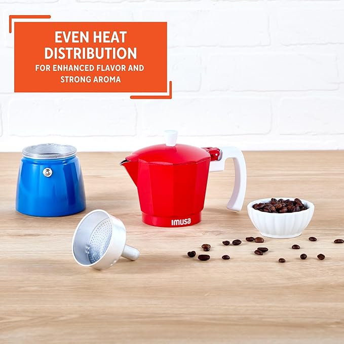IMUSA Stovetop Espresso Maker 3 Cup Moka Pot Caribbean Colors Edition – Cuban Coffee, Italian Style, Demitasse, Cortadito, Cappuccino – Cast Aluminum Cafetera Espresso Azul Rojo Blanco