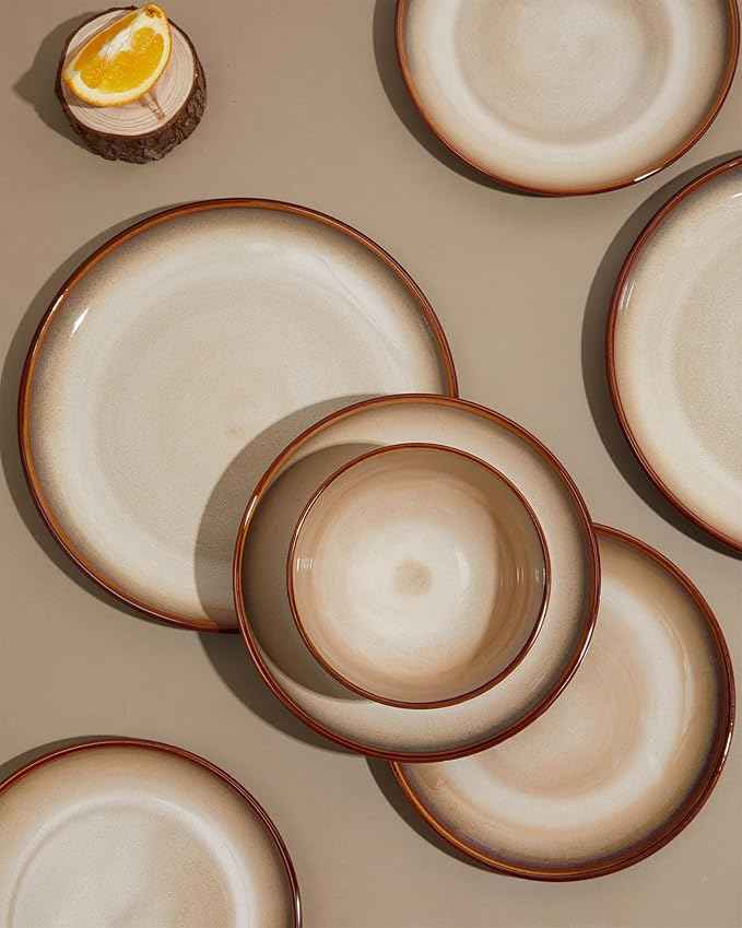 Ceramic Dinnerware Sets for 6, 18 Pieces Stoneware Plates and Bowls Sets, Chip and Crack Resistant Dishes, Dishwasher & Microwave Safe Dishware Sets, Brown Yellow