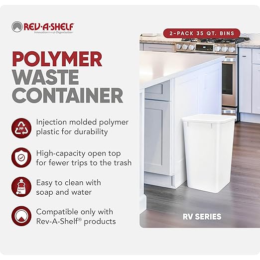 Rev-A-Shelf 2-Pack 35 Quart Polymer Replacement Trash Bin, Recycle Waste Garbage Container for Kitchen Cabinet Pullouts, White, RV-35-11-2 - Large Plastic Bins for Home and Office