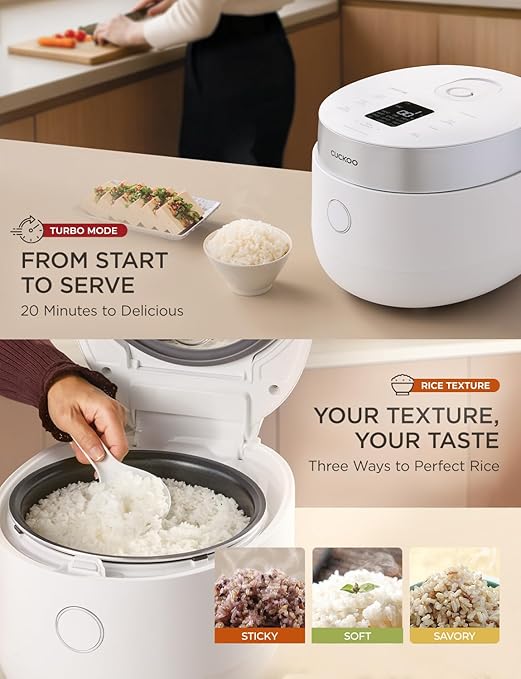 CUCKOO Micom Rice Cooker 8-Cup Uncooked / 16-Cup Cooked with Induction Heating Technology, Versatile Rice Maker with 12 Menu Options and Steam Plate, Voice Guide, White (CR-HA0810FW)