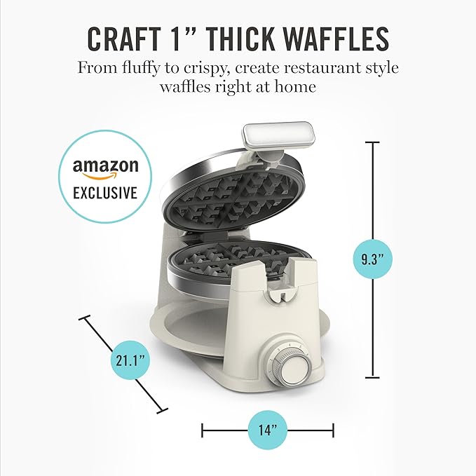 Martha Stewart Rotating Waffle Maker, 180° Flip Iron with PFAS-Free Nonstick Plates, Adjustable Timer, Ready Light, Drip Tray, Space Saving, Classic Round 7”, Easy to Clean, Stainless Steel, Linen