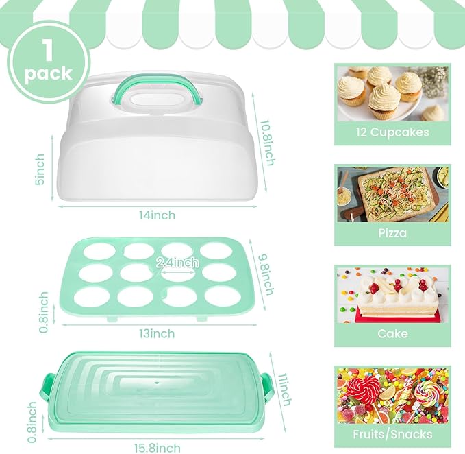 VGOODALL Cake Carrier with Lid and Handle, 12 Capacity Cupcake Holder for Muffin Pies Candies Fruits Snacks Desserts, Perfect for 14×10×4.5" Sheet Cakes, Dishwasher Safe