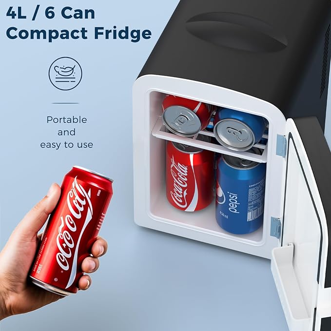 Antarctic Star Compact Refrigerator, Portable Mini Fridge, Skin Care 4L Capacity/6 Cans, for Bedroom, Car, Office & Dorm, Small Cooler for Cosmetics, Magnetic Brushed Stainless Steel Door,Black
