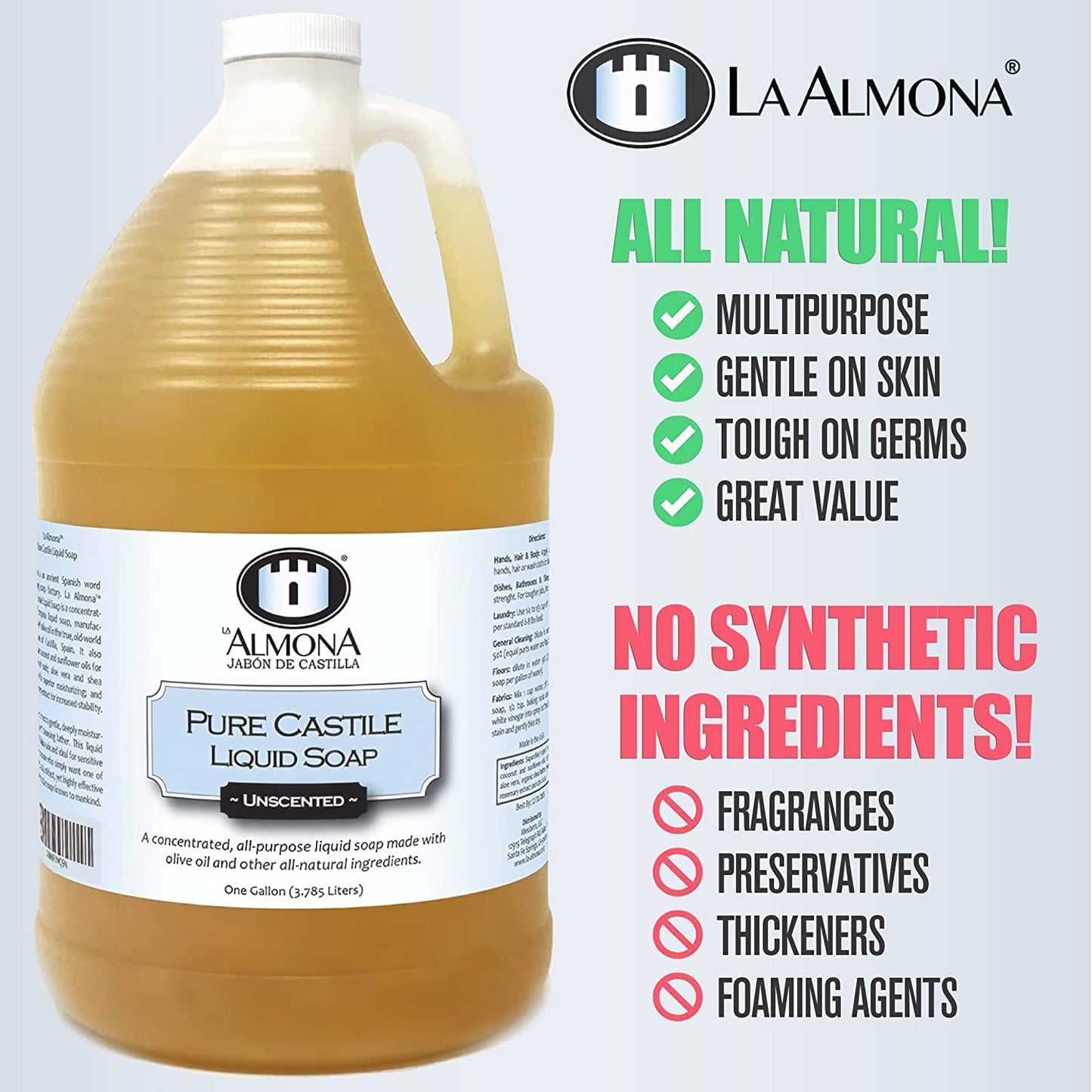 Pure Castile Liquid Soap, UNSCENTED, 2 Gallons - Multipurpose: Hands, Face, Body, Laundry, Dishes & More - For Sensitive Skin, All-Natural Ingredients, Fragrance Free