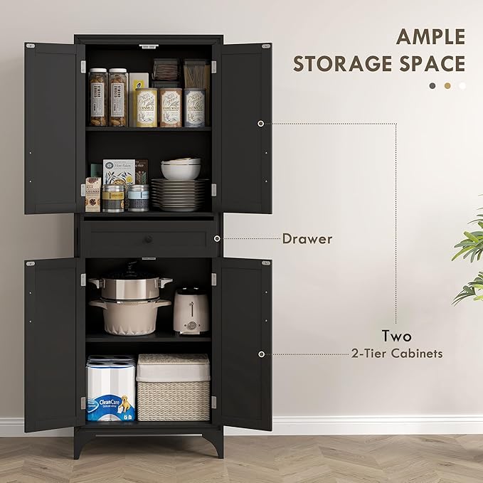 HOMCOM 67" Tall Freestanding Kitchen Pantry Cabinet, 4-Door Storage Cabinet with Drawer and Adjustable Shelves for Dining Room, Black
