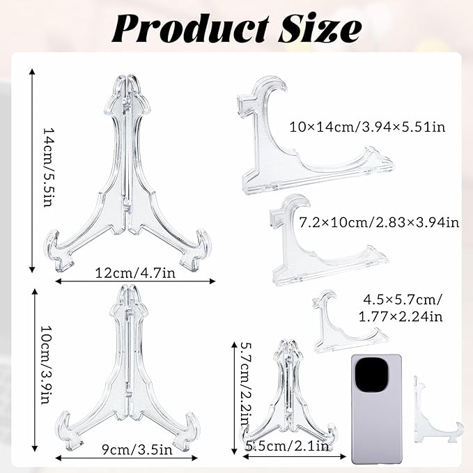 3 Pack Acrylic Frame Holder Stand, 3 Size Clear Plate Display Stand, Foldable Plate Stands for Display Platter, Dish, Book, Photo