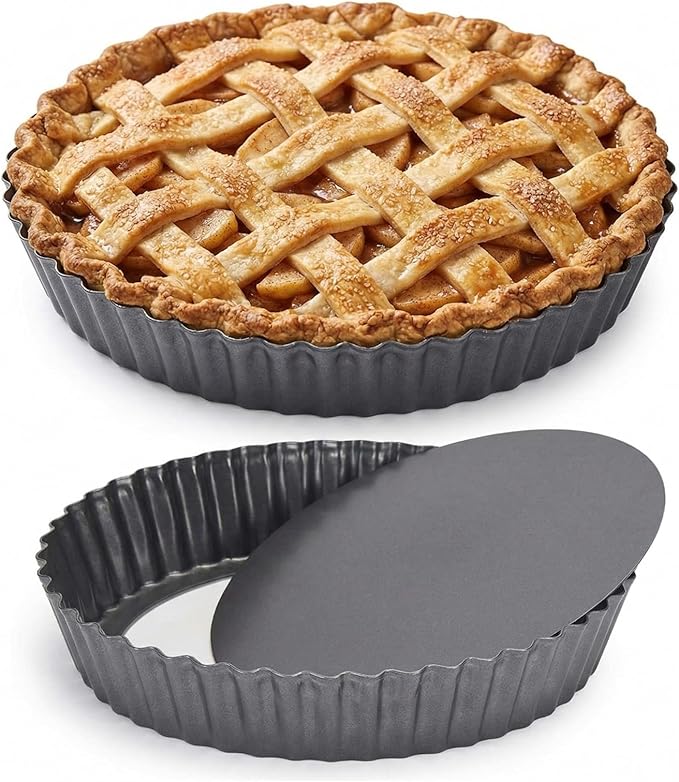 2 Pack Nonstick Tart Pan, Quiche Pan, Carbon Steel Deep-dish Pie Pan with Removable Loose Bottom (11 In)