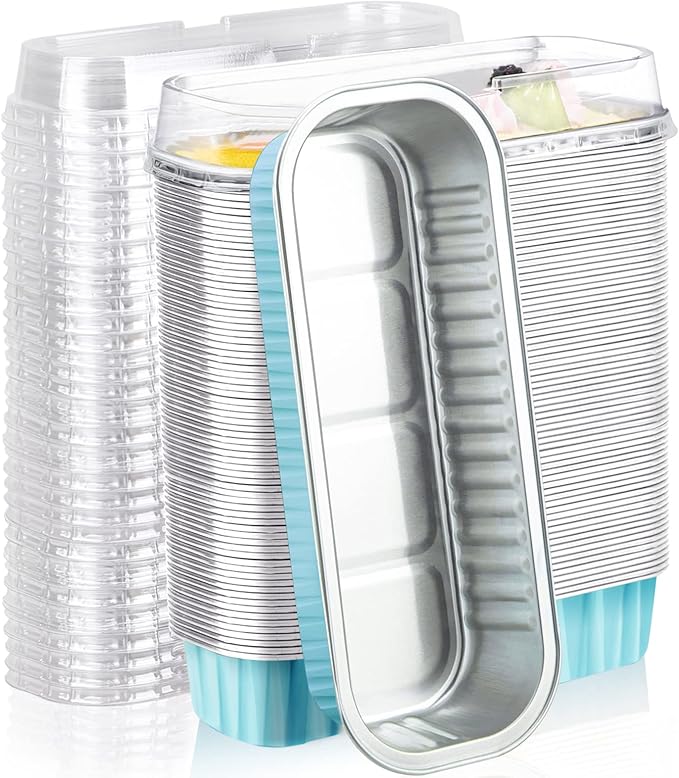 EUSOAR Disposable Ramekins with Lids, 100pcs 6.8oz 6.5"x2.5"x1.2" Blue Aluminum Foil Tin Baking Cups, Cupcake Dessert Cups Cheesecake Creme Brulee Mini Loaf Pans for Picnic Wedding Party Gathering