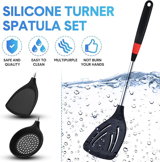 3 Pieces Silicone Stainless Steel Turner Spatula Set Includes Flexible Silicone Wok Spatula Slotted Spatula Skimmer Slotted Spoon for Nonstick Cookware Cooking Baking Supplies