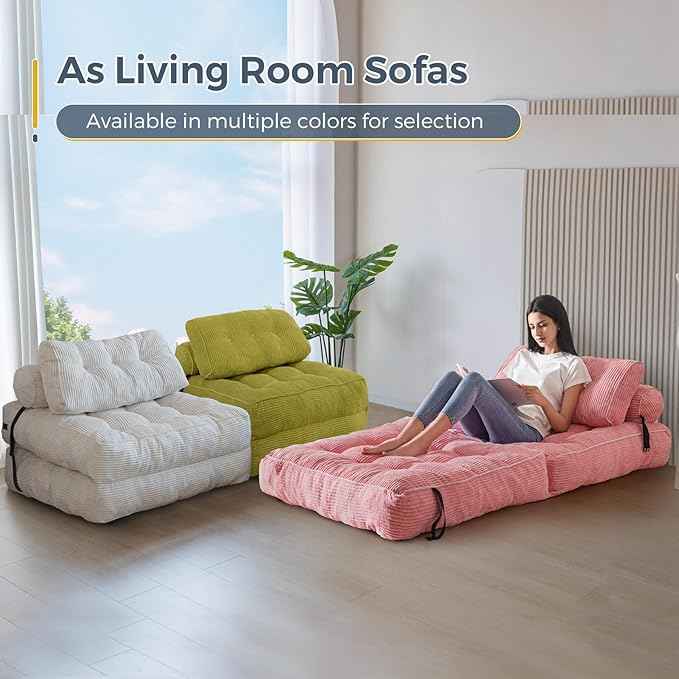 MAXYOYO Folding Sofa Bed, Convertible Sleeper Chair with Pillow Foldable Mattress with Back Support, Portable Fold Out Chair Bed Comfy Floor Sofa Lounge for Living Room Bedroom, Pink, Single