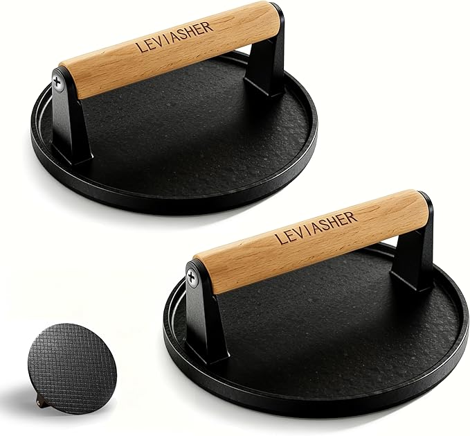 2 Pack 2.2lb Heavy Duty Cast Iron Grill Press, 6.69 inch Smash Burger Press Meat Steak with Wood Handle for Blackstone, Chef, Camp, Panini, Vegetable, Bacon, Sandwich, BBQ, Grid-patterned grill