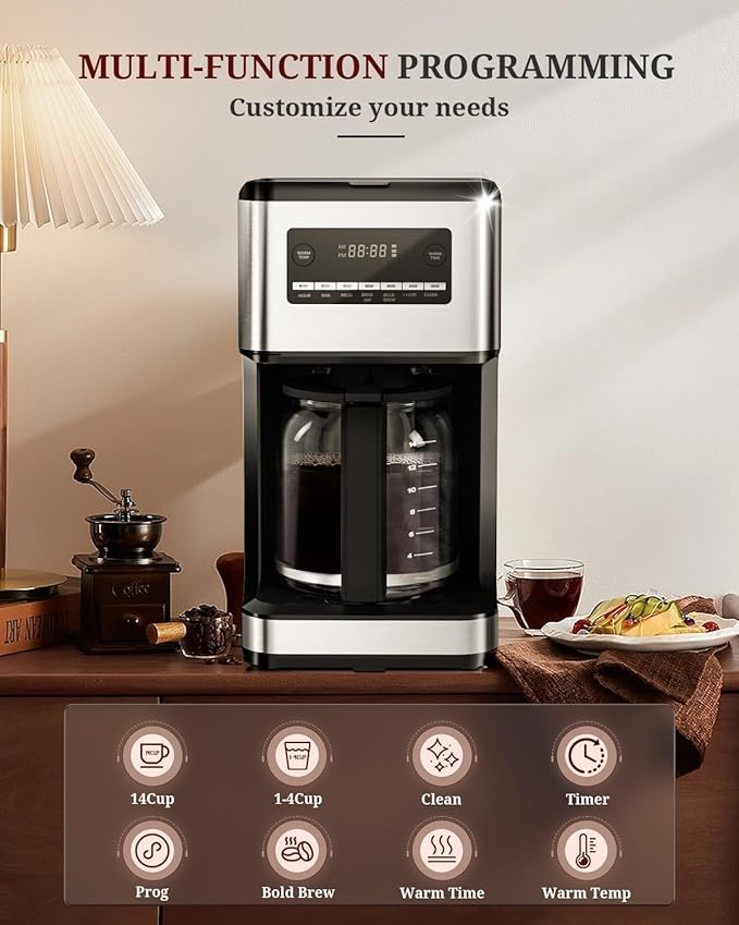 Kismile Coffee Maker, 14-Cup Programmable Drip Coffee Makers Machines with Timer, Keep Hot Plate & Reusable Filter, Self-Cleaning, Auto Pause, Stainless Steel