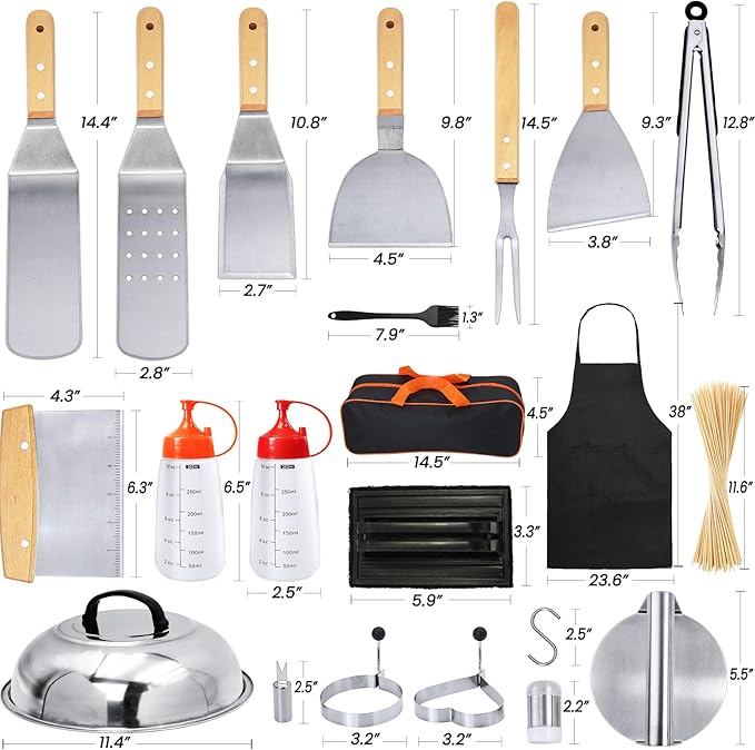 33PCS Griddle Accessories Kit, Flat Top Grill Accessories Set for Blackstone and Camp Chef, Stainless Steel Grill Spatula Set with Enlarged Spatulas, Basting Cover, Burger Press for Outdoor Barbecue