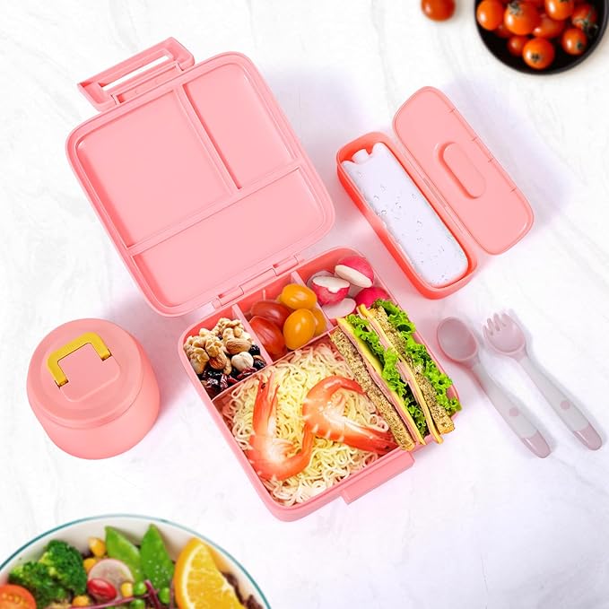Bento Lunch Box for Kids With 8oz Soup Thermo,Leak-proof Lunch Containers with 5 Compartment,Thermo Food Jar and Lunch Bag, Food Containers for School (A-Pink（Unicorn - Mermaid）)