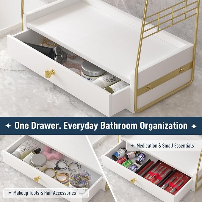 Bathroom Counter Organizer with Drawer, Slim 2-Tier Vanity Countertop Storage Shelf for Skincare, Toiletries & Small Essentials (White)