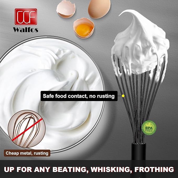 Walfos Silicone Whisk With 8in Rest,Whisks for Cooking Non Scratch,7.5+9+11in Whisk for Nonstick Cookware,Dishwasher Safe,Rest for Kitchen Counter Wisk Perfect for Blending, Baking, Beating, Set of 4