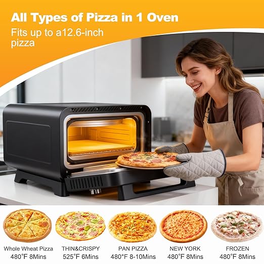 OLIXIS Pizza Oven Indoor, 1600W Electric Pizza Oven Fast Heating, 4 Modes Pizza Maker for 12 Inches, with Pizza Stone & Spatula, Upper-Bottom Independent Heating Temperature Control