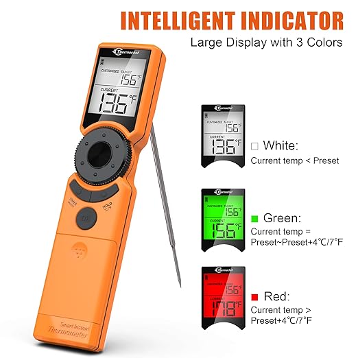 Digital Meat Thermometer for Grill, Instant Read Food Thermometers for Cooking with Food Doneness Guide, Calibration and LCD Backlight Screen, High Accuracy ±1% ℉, BBQ Beef Candy Orange