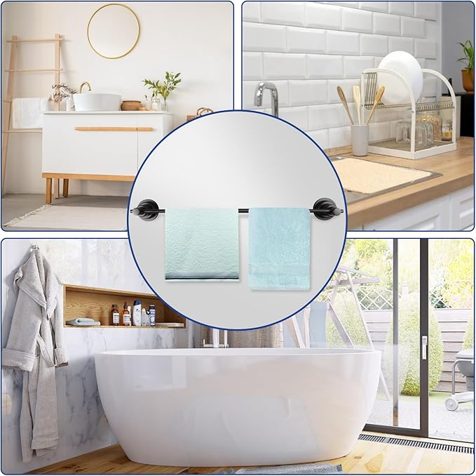 SLIIMU Suction Cup Towel Bar for Shower with 5 Hooks, 17-28 Inch Adjustable Long Bathroom Wall Washcloth Rack,Extendable Glass Shower Door Suction Rag Holder,Towel Rod for Bath Kitchen (Black)