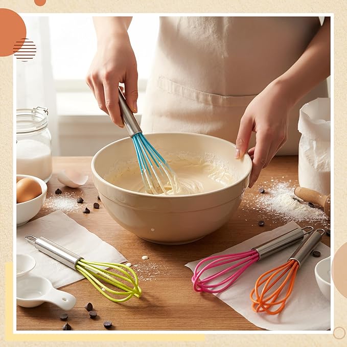 Baderke 12 Pcs 6 Inch Mini Whisks Bulk with Stainless Steel Handles Small Silicone Kitchen Whisks Non Stick Tiny Balloon Wire Whisk for Mixing Stirring Baking Cooking Party Favor Gift (Bright Color)