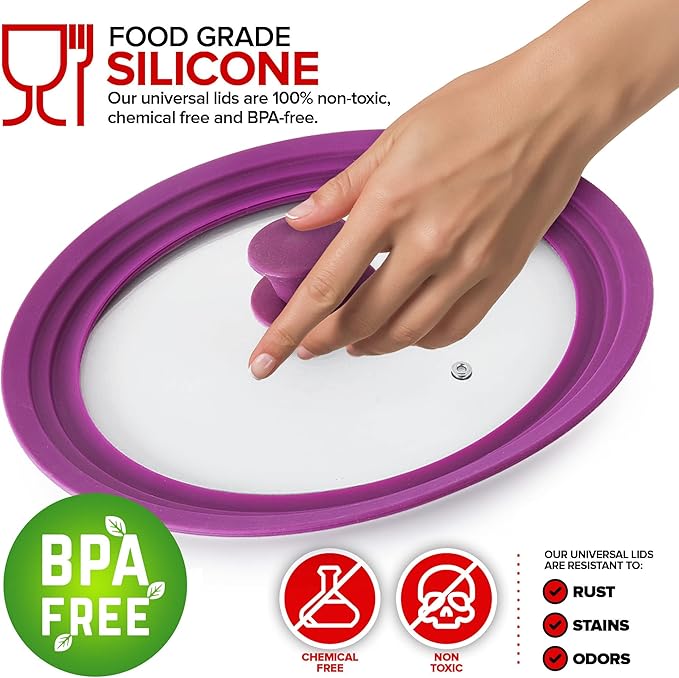 Modern Innovations Universal Lids (Set of 2) Fits 7 to 12-Inch Cookware, Silicone Replacement Pan Lid, Glass Top Covers for Skillets, Pots, Frying Pans, Cast Iron - Lavender