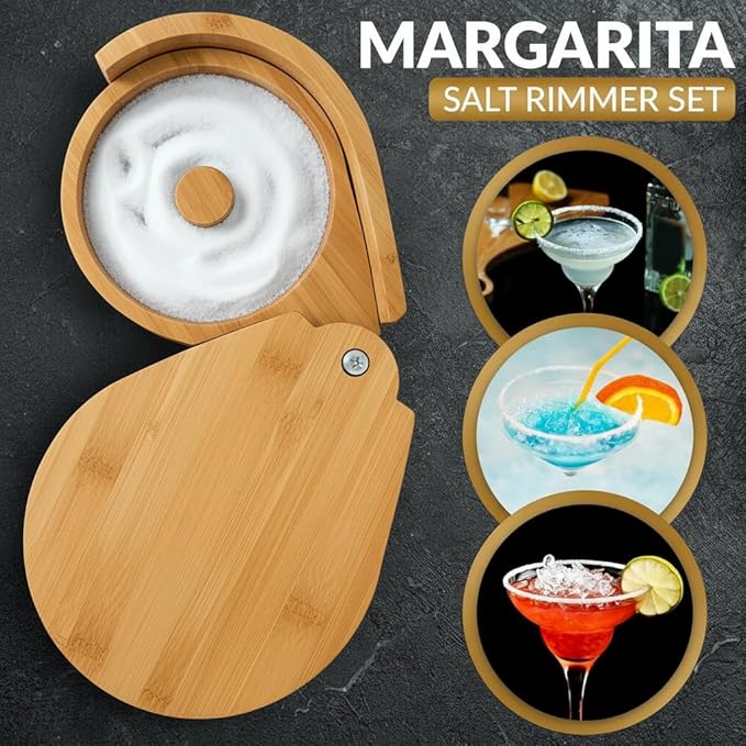 Margarita Salt Rimmer Set, 3 Tier Bamboo Rimmer for Glass Rims, Salt|Sugar|Lime Seasoning for Bloody Mary, Manhattan Tequila Cocktail Drink Accessories for Bartender/Bar (Bamboo Wood With Sponges)