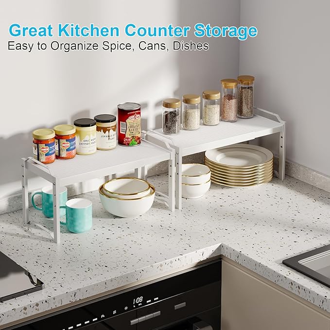 X-cosrack 2 Pack Expandable Kitchen Cabinet Shelf Organizer, Stackable Adjustable Storage Shelves for Pantry Cupboard Kitchen Counter, 20LBS Loading Capacity, Size: W*D*H=20.5 * 8.26" * 8.72"