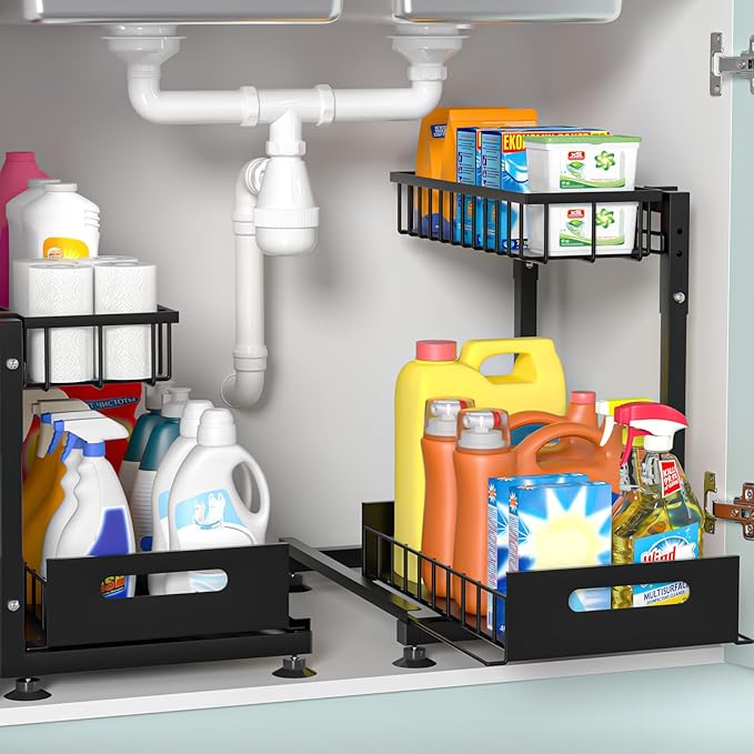 L-Shaped Under Sink Organizer, 2 Pack 2-Tier Pull Out Metal Kitchen Cabinet Organizer with Sliding Storage Drawer, Height Adjustable Heavy Duty Under Bathroom Sink Storage for Cleaning Supplies