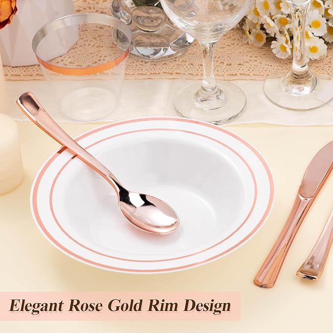 100 Pack Disposable Soup Bowls with Rose Gold Rim, 12oz Premium Heavy Duty Plastic Dinner Bowls for Party, Wedding and Holiday