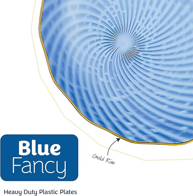 PLASTICPRO 30 Pack Plastic Plates Set of 15-10 inch Plates and 15-7 inch Plates, Elegant Clear Blue Spiral and Gold Rim Disposable Fancy Plates Premium Heavyweight