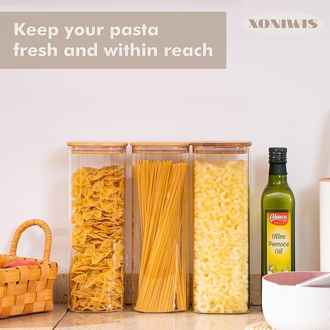71oz 3PCS Rectangle Spaghetti Pasta Storage Containers with Lids, Tall Pantry Containers, Glass Tight Food Storage Jars with Lids for Penne, Macaroni, Lasagna, Fusilli, Cereal, Flour, Oats