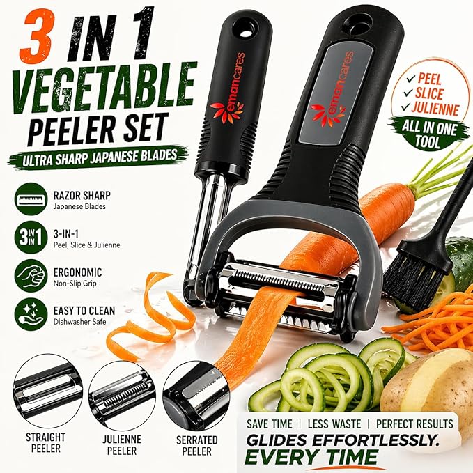 Peel 3X Faster Vegetable Peeler Set (3-Piece) – Ultra-Sharp Stainless Steel Y Peeler, Julienne & Swivel Peeler – Non-Slip Ergonomic Handle for Potatoes, Carrots, Apples