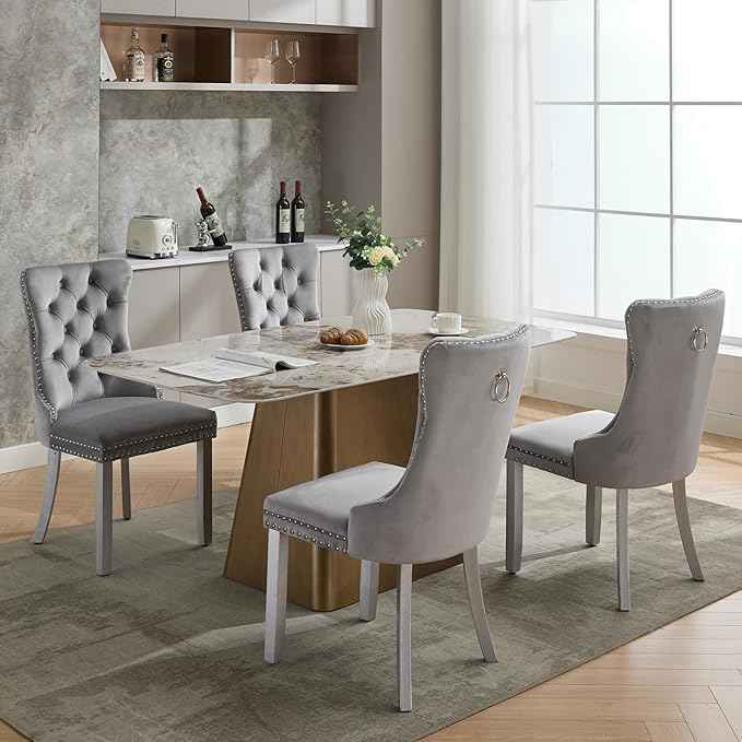 Velvet Dining Chairs Set of 4, Kitchen & Dining Room Chairs, Upholstered Dining Chairs with Back Ring Pull and Silver Solid Wood Legs, Modern Tufted Kitchen Chairs for Dining Room, Light Grey