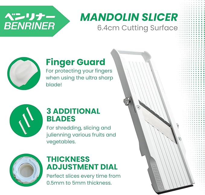 Benriner Japanese Mandoline Slicer – Vegetable Slicer with 4 Stainless Steel Blades, BPA-Free Adjustable Vegetable Cutter – Official US Version with Authentic Retail Packaging