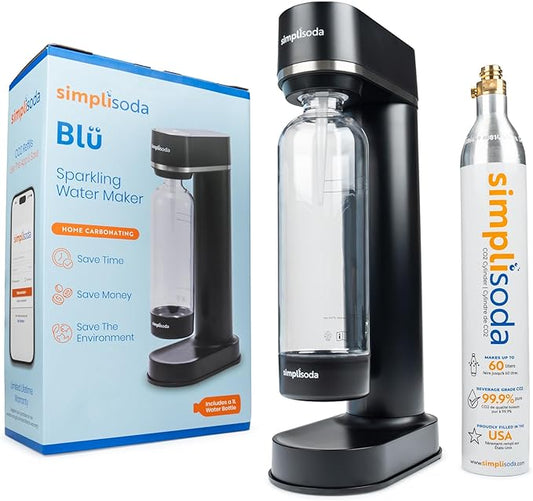 Simpli Soda BLÜ Sparkling Water Maker, Premium Soda Streaming Machine, Carbonated Water Machine and Soda Maker - Black (Machine + 1 CO2 Cylinder)