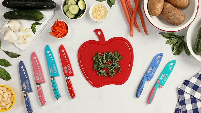My First Chef's Knife for Kids - NEW! CARNATION/TEAL - w/Protective Safety Sheath - German Stainless Steel - Curved Finger Shield/Childrens Cooking Baking