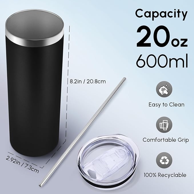 Volhoply 8 Pack Skinny Tumblers with Lid and Straw, 20oz Stainless Steel Straight Tumbler Bulk, Vacuum Insulated Coffee Mug for Home, Office, Travel, DIY (Mix,8 Pack)