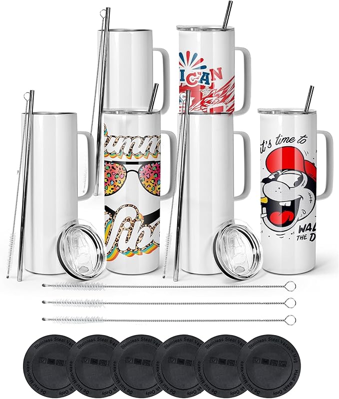 AGH 20OZ Sublimation Straight Skinny Tumbler with Handle, 6Pack Stainless Steel Coffee Mugs with Lids and Straws, Double wall Insulated Tumbler for Coffee,Tea,Beer and Juice.