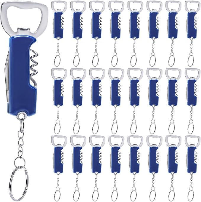 Ziliny 24 Pcs Bottle Opener Keychain Bulk Wine Bottle Beer Opener Keychain 3.27" Stainless Steel Corkscrew Waiter Corkscrew Wine Keyring Gifts for Christmas Bar Party Wedding Home (Blue)