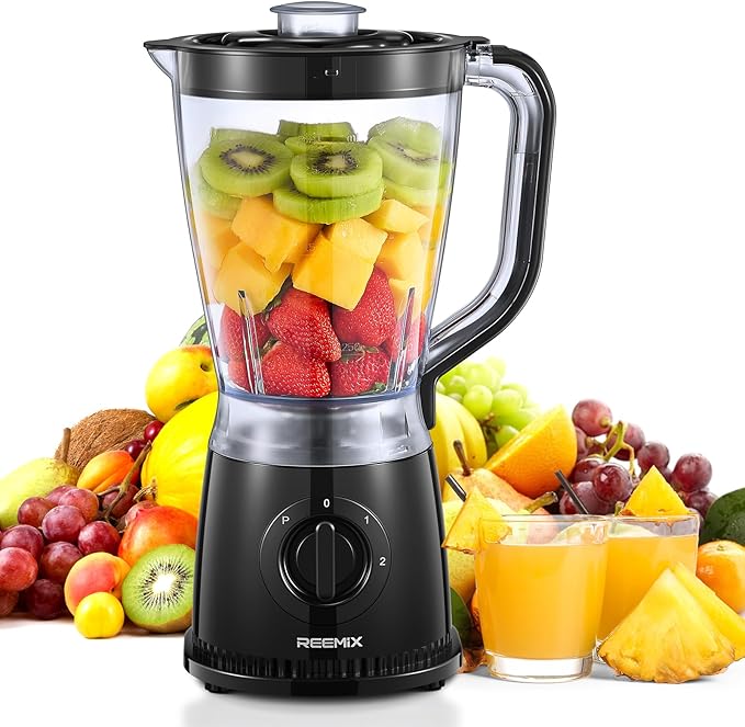Reemix Blender, 50oz Countertop Blender - 2 Adjustable Speeds + Pulse, Dual Safety Locks, Dishwasher-Safe Pitcher for Smoothies, Crushing Ice & Family Meals