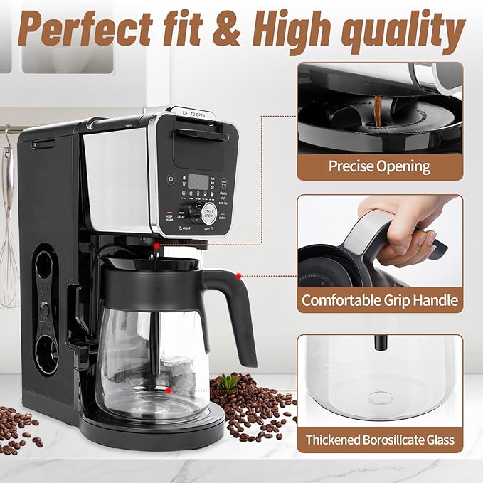 12 Cup Coffee Pot Replacement for Ninja Coffee Maker CFP101 CFP201 CFP301 CFN601 CFP250A CFP300 CFP307, Glass Carafe Replacement with Brew-Through Lid, Ninja Coffee Pot Replacement with Sturdy Handle
