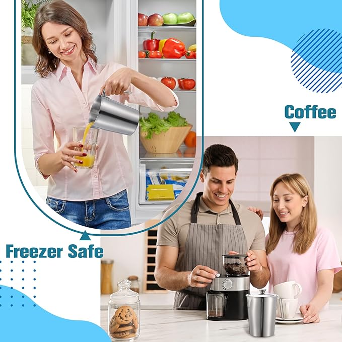 2 Pcs 1 L/32 oz Large Stainless Steel Pitcher with Lid, Metal Measuring Cup, Large Mouth Graduated Beakers with Handle, Milk Frothing Jug for Espresso Machine, Latte Art, Hot/cold Water