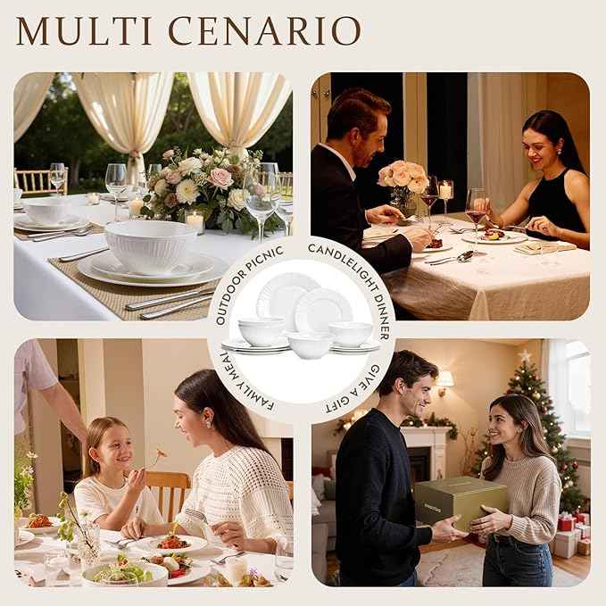 KINGSTONE 24-Piece Bone China Dinnerware Set with 40-Piece flatware, White Lightweight Porcelain Service for 8, for Family Dining, Restaurants, Gifting，Microwave and Dishwasher Safe