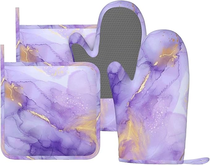 Oven Mitts and Pot Holders Pastel Purple Marble Silicone Kitchen Accessories Set of 4 Heat Resistant Long Gloves Potholder Non-Slip Grip for Chef Cooking Baking Grilling BBQ